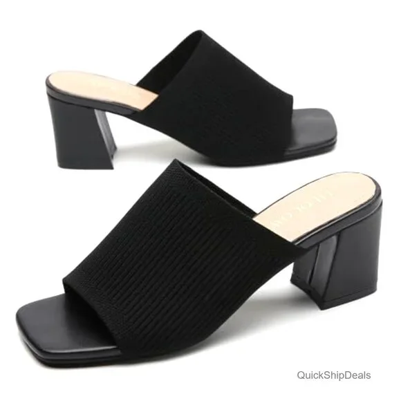 Knit Heeled Sandals, Square Toe Mules with Chunky Block Heel